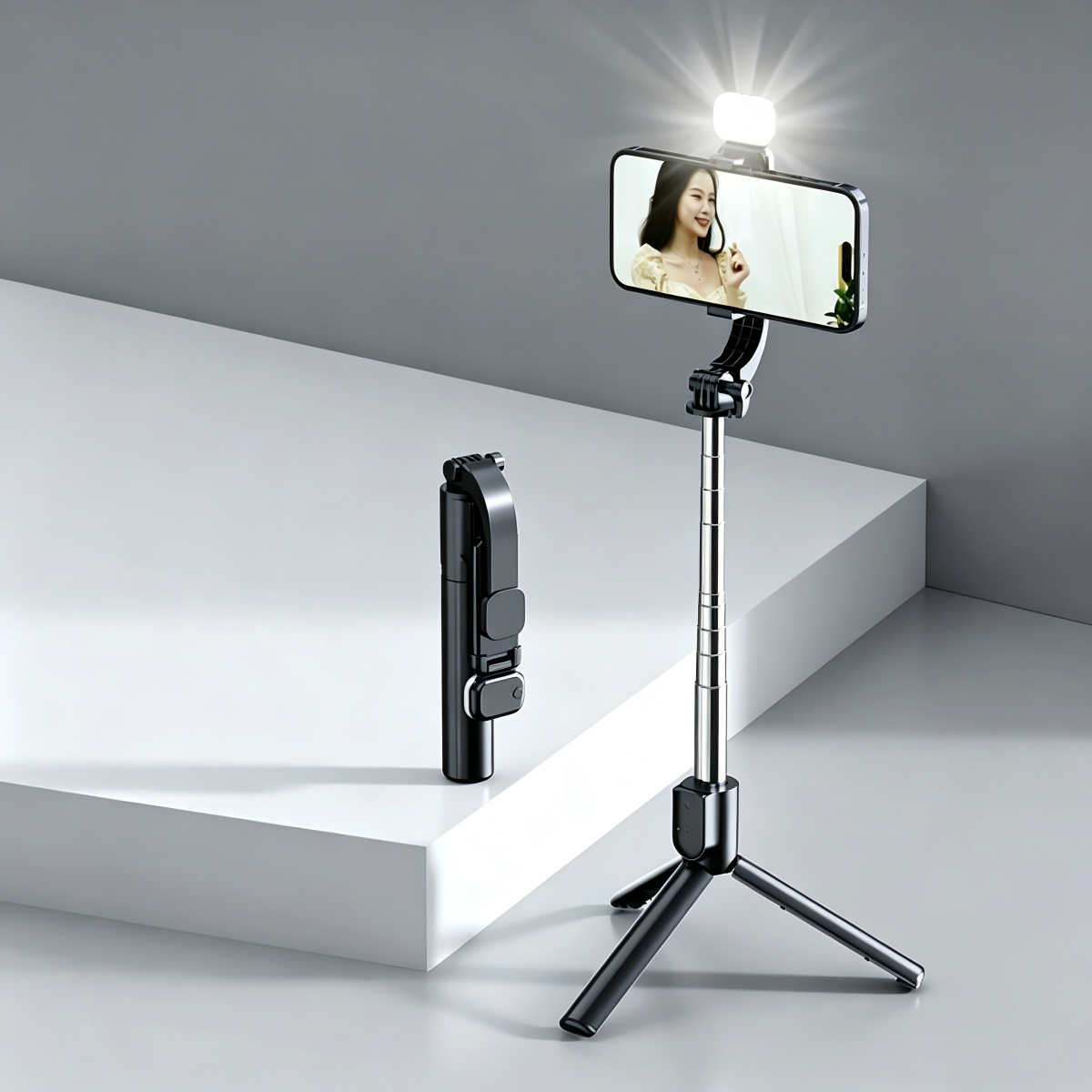 2-in-1 Selfie Stick Tripod With Bluetooth Remote Fill Light 360° Rotation Phone Stand