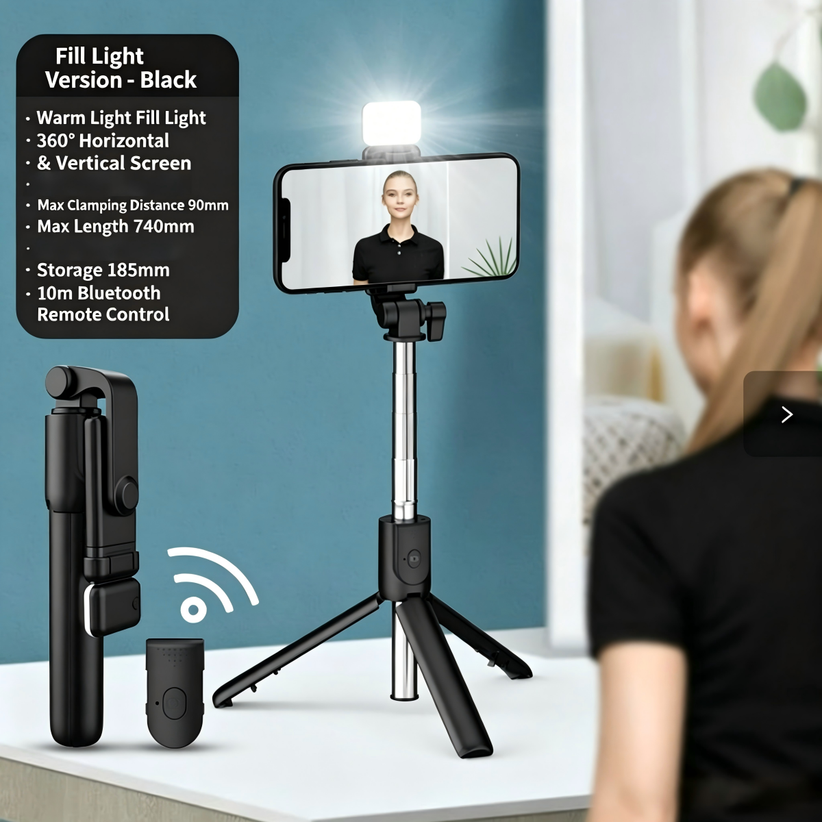 2-in-1 Selfie Stick Tripod With Bluetooth Remote Fill Light 360° Rotation Phone Stand