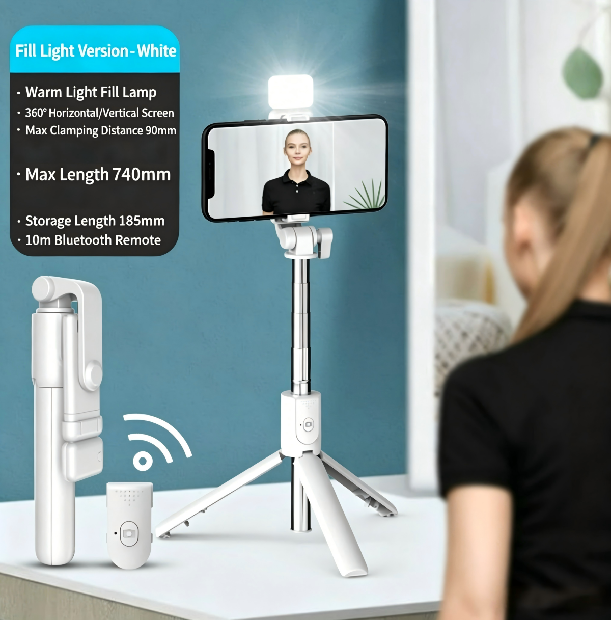 2-in-1 Selfie Stick Tripod With Bluetooth Remote Fill Light 360° Rotation Phone Stand